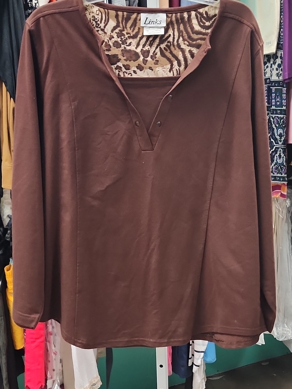 Links Brown Long Sleeve Pullover with Animal Print Trim 1X